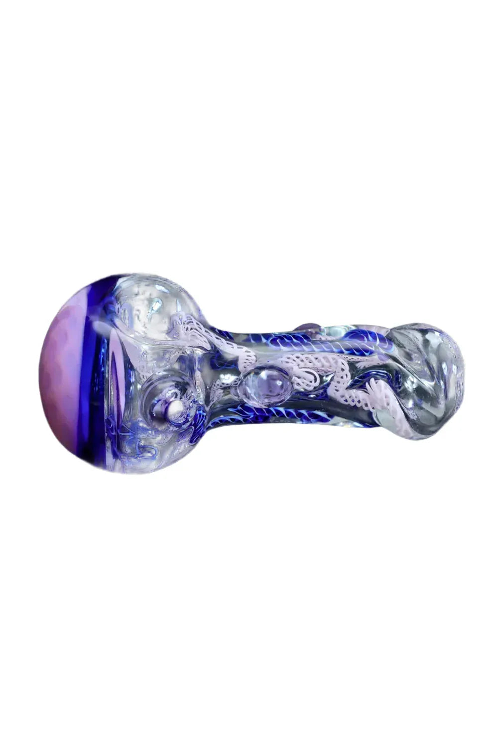 Horizontal close-up of a translucent amber-tinted DHC Mix Color Spoon - 4.5 in. showing blue and white twisted filaments and rounded glass knobs against a white background