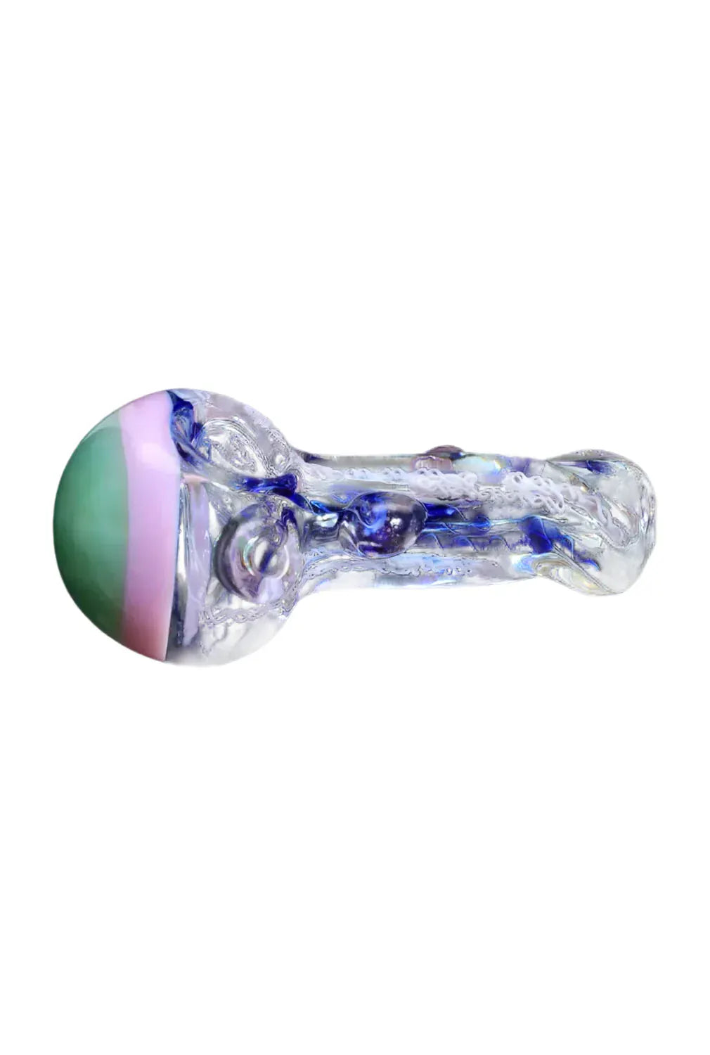 Side view of the DHC Mix Color Spoon - 4.5 in. showing a clear glass spoon pipe with blue internal swirls and a rounded bowl tipped with pink and green bands.