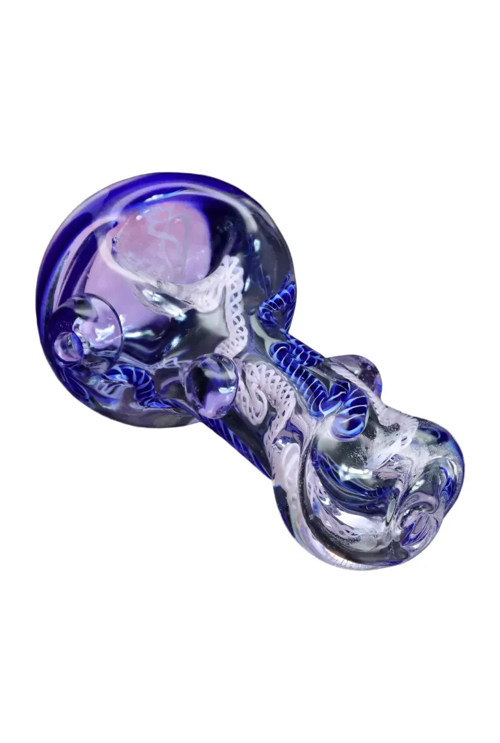 Angled top-down view of the DHC Mix Color Spoon - 4.5 in. showing a hand-blown glass spoon with swirling blue and white internal filigree on a white background.