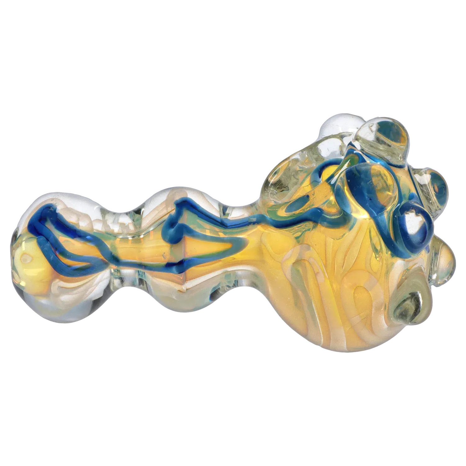 Side view of the DHC Marble Spoon Pipe - 4.5 in. showing a clear glass spoon shape with yellow swirls and raised blue ribbons.