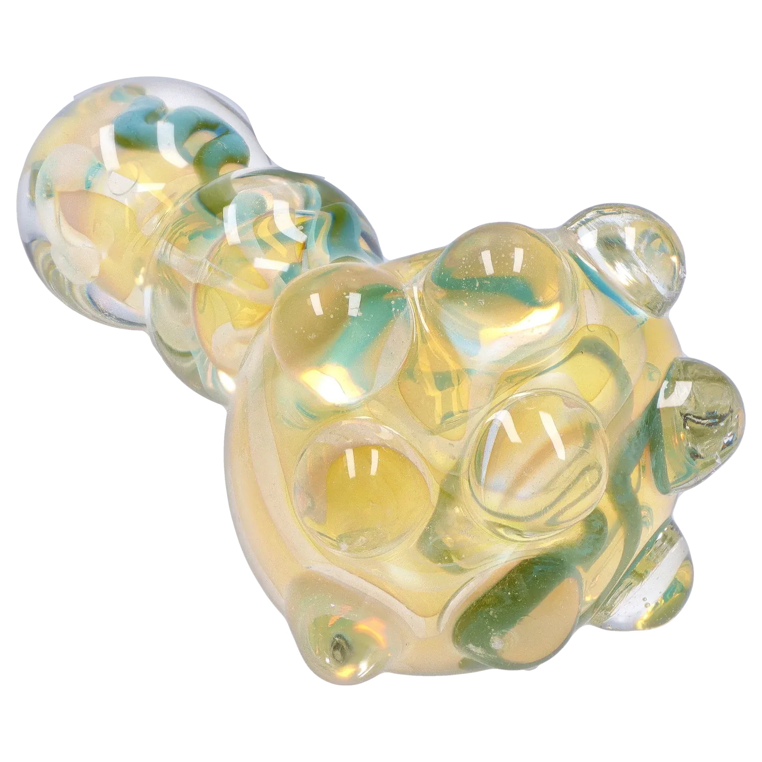 Close-up, angled view of the DHC Marble Spoon Pipe - 4.5 in. showing its bubbled glass head with yellow and green swirls and glossy highlights