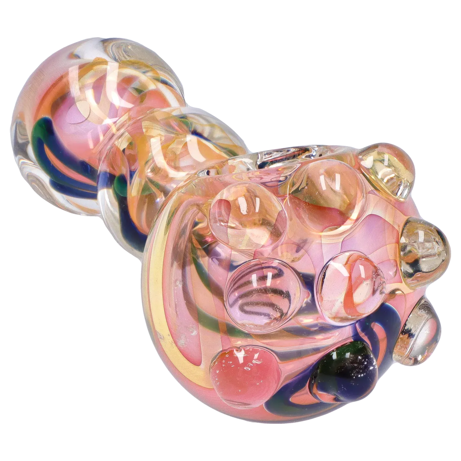 Close-up angled view of the DHC Marble Spoon Pipe - 4.5 in. showing iridescent pink glass with raised bubble accents.