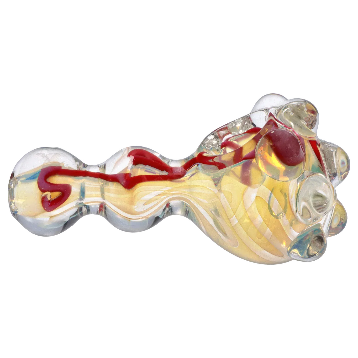 Angled close-up of the DHC Marble Spoon Pipe - 4.5 in. showing its iridescent glass body with red swirl accents and rounded knobbed details