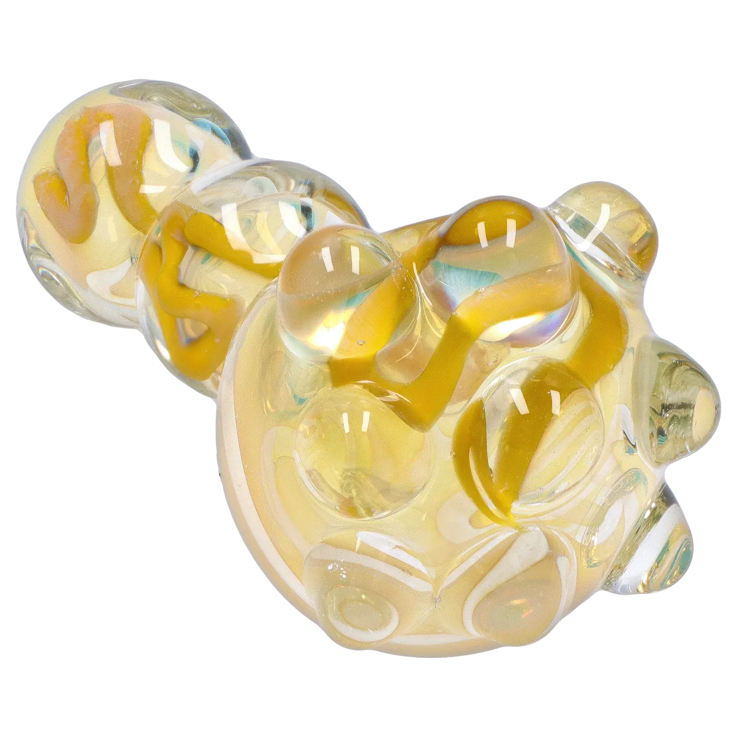 Close-up, angled view of the DHC Marble Spoon Pipe - 4.5 in. showing iridescent yellow swirls and raised glass knobs on a clear background