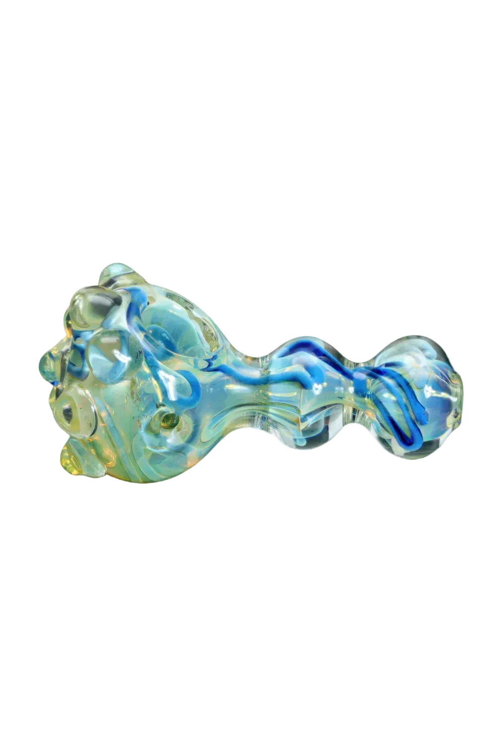 Side view of a glossy, swirled red-tinted DHC Marble Spoon Pipe - 4.5 in. resting on a black background.