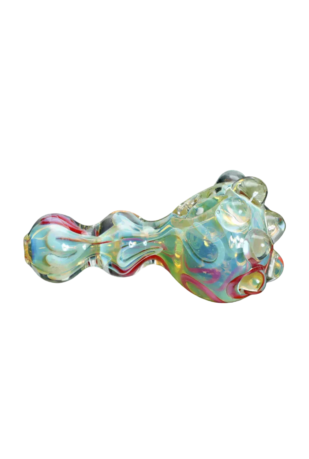 Angled side view of the DHC Marble Spoon Pipe - 4.5 in., a glossy iridescent glass spoon pipe with swirls of blue, green and red and raised glass nodules.