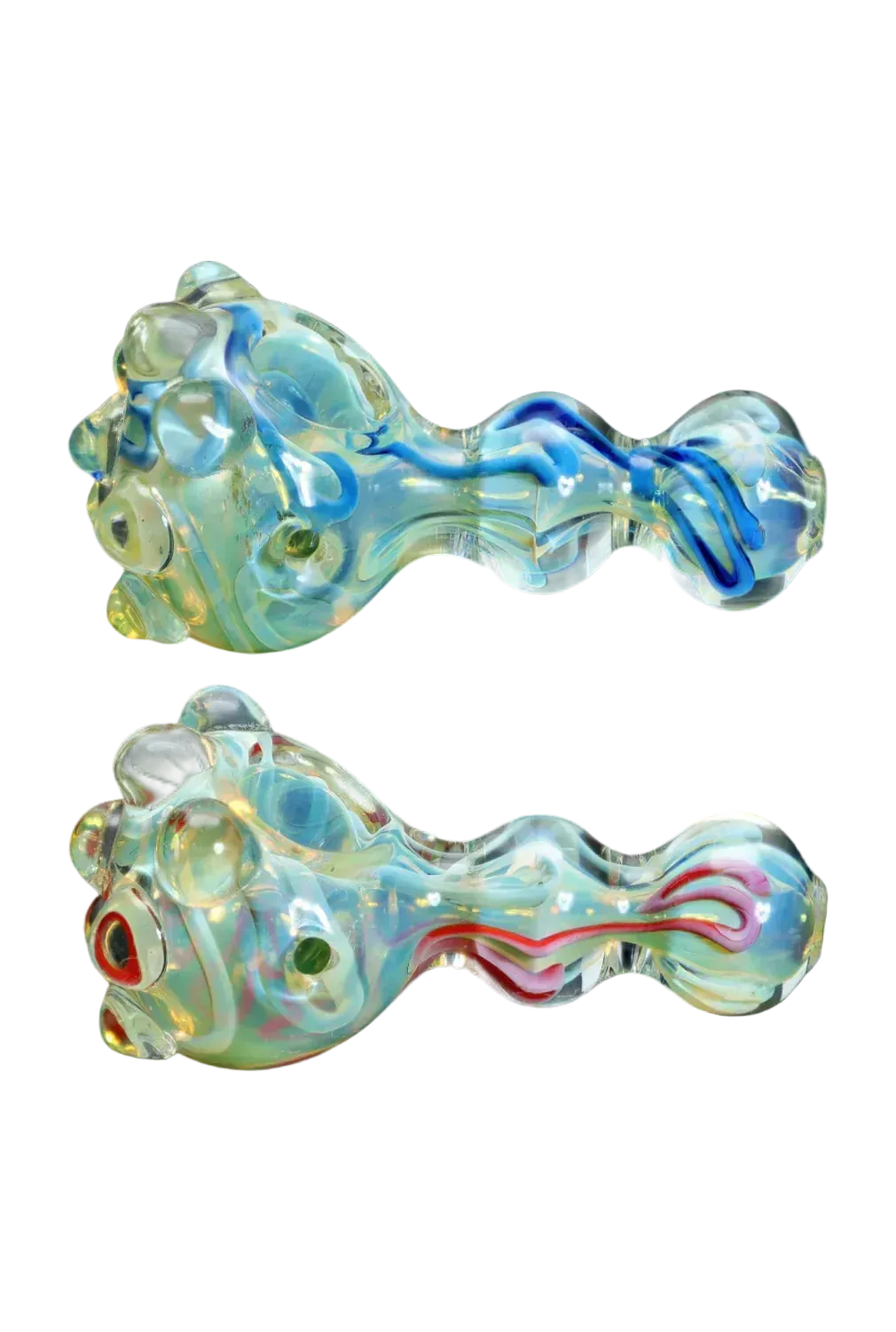 Top-down view of two green glass DHC Marble Spoon Pipe - 4.5 in. hand pipes with swirled blue and red internal ribbons and bubbled surfaces on a black background