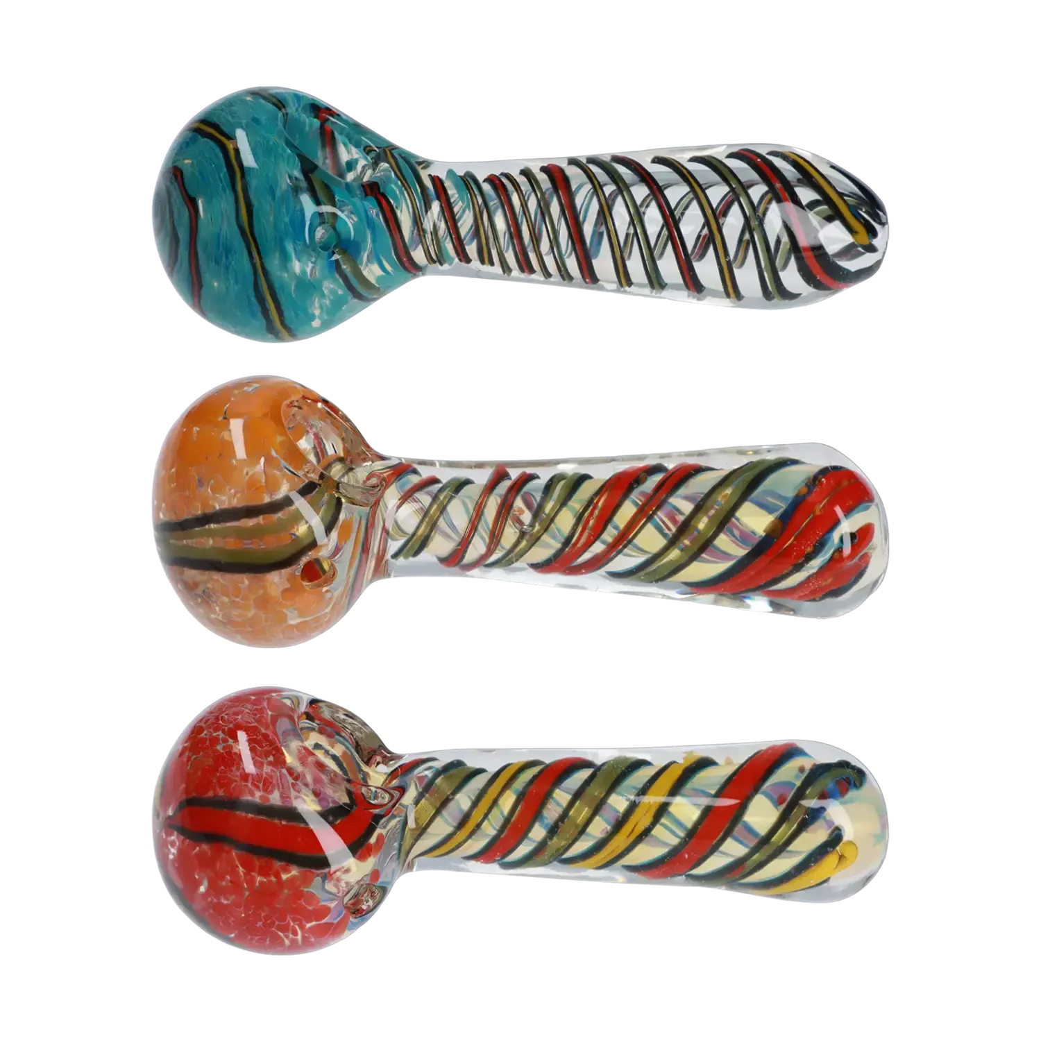 Top-down view of three DHC Frit Spoon Pipe - 4.5 in. glass spoons arranged vertically, each with a colored, marbled bowl and spiraled striped stem on a white background.