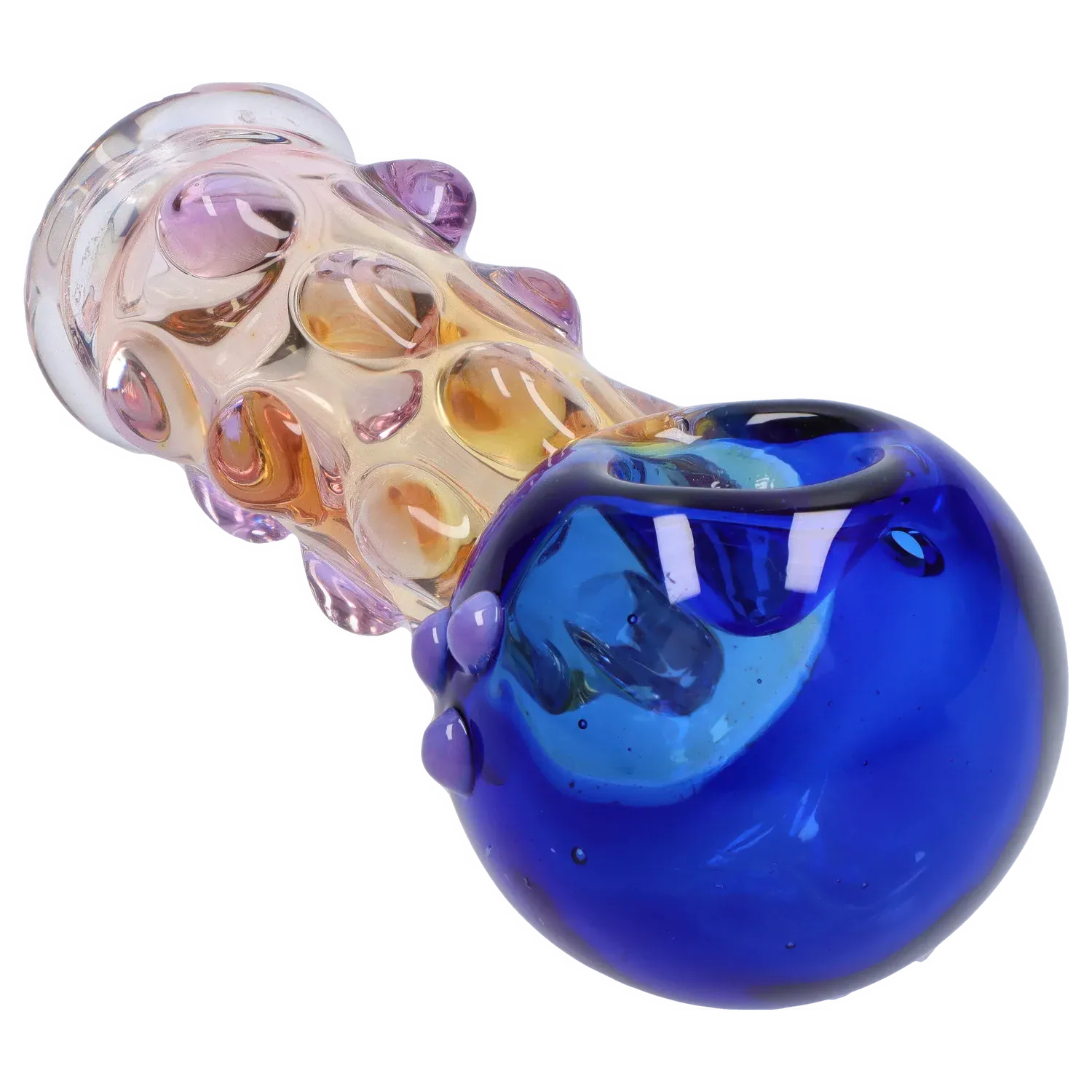 Angled close-up of a pink-and-blue glass DHC Multi-Marble Spoon Pipe - 4.5 in., showing a deep blue bowl and a textured pink stem with raised marbles.