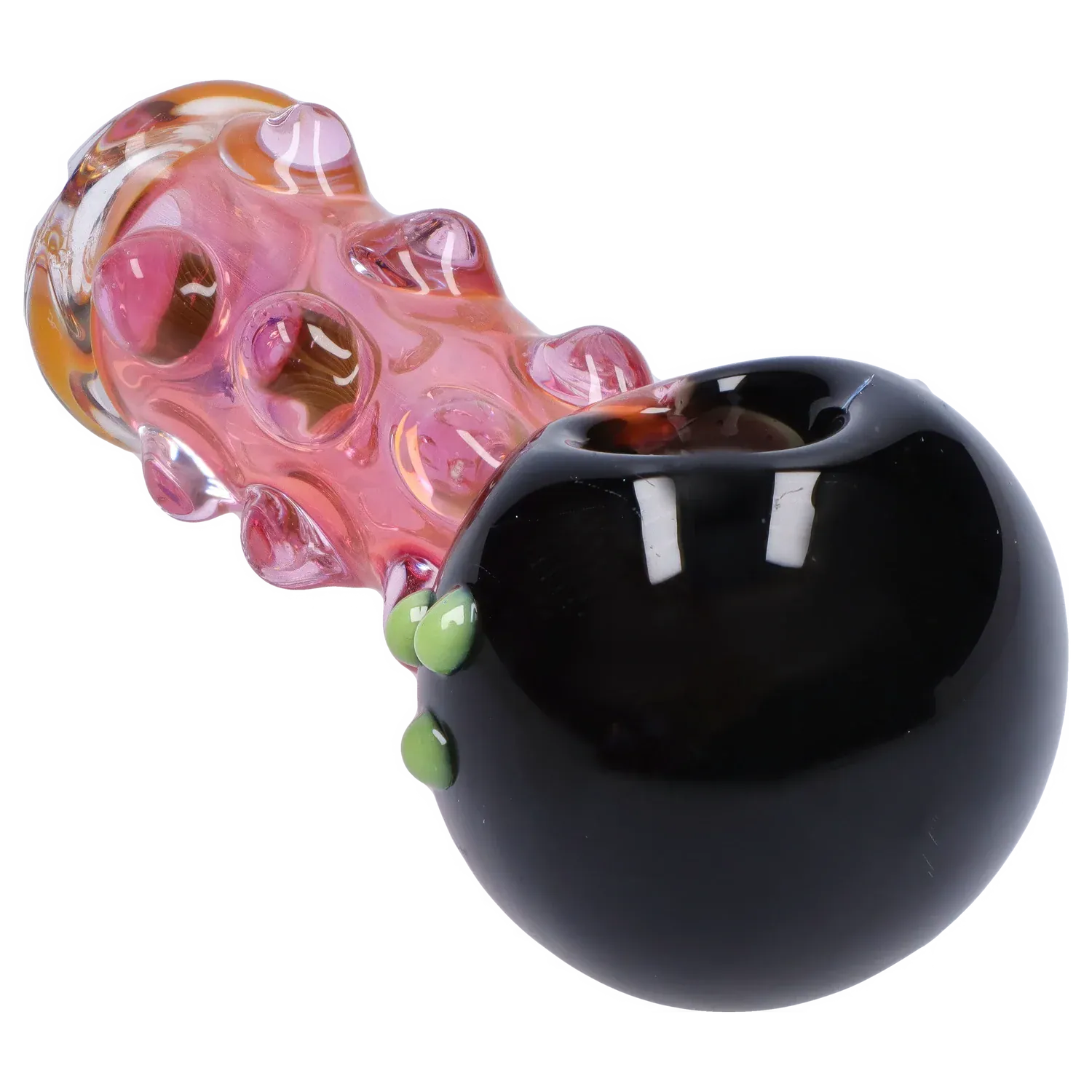 Angled close-up of the DHC Multi-Marble Spoon Pipe - 4.5 in. showing a glossy black bowl with three small green dots and a textured pink, bubbled glass stem.