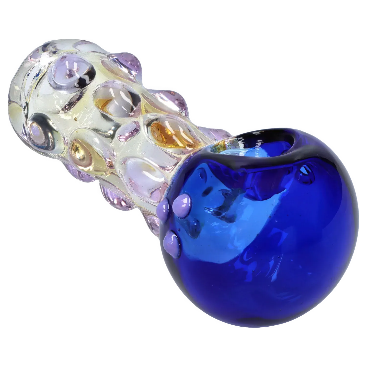 Angled close-up of the DHC Multi-Marble Spoon Pipe - 4.5 in., showing a deep cobalt blue bowl transitioning to a clear neck studded with iridescent rounded marbles.