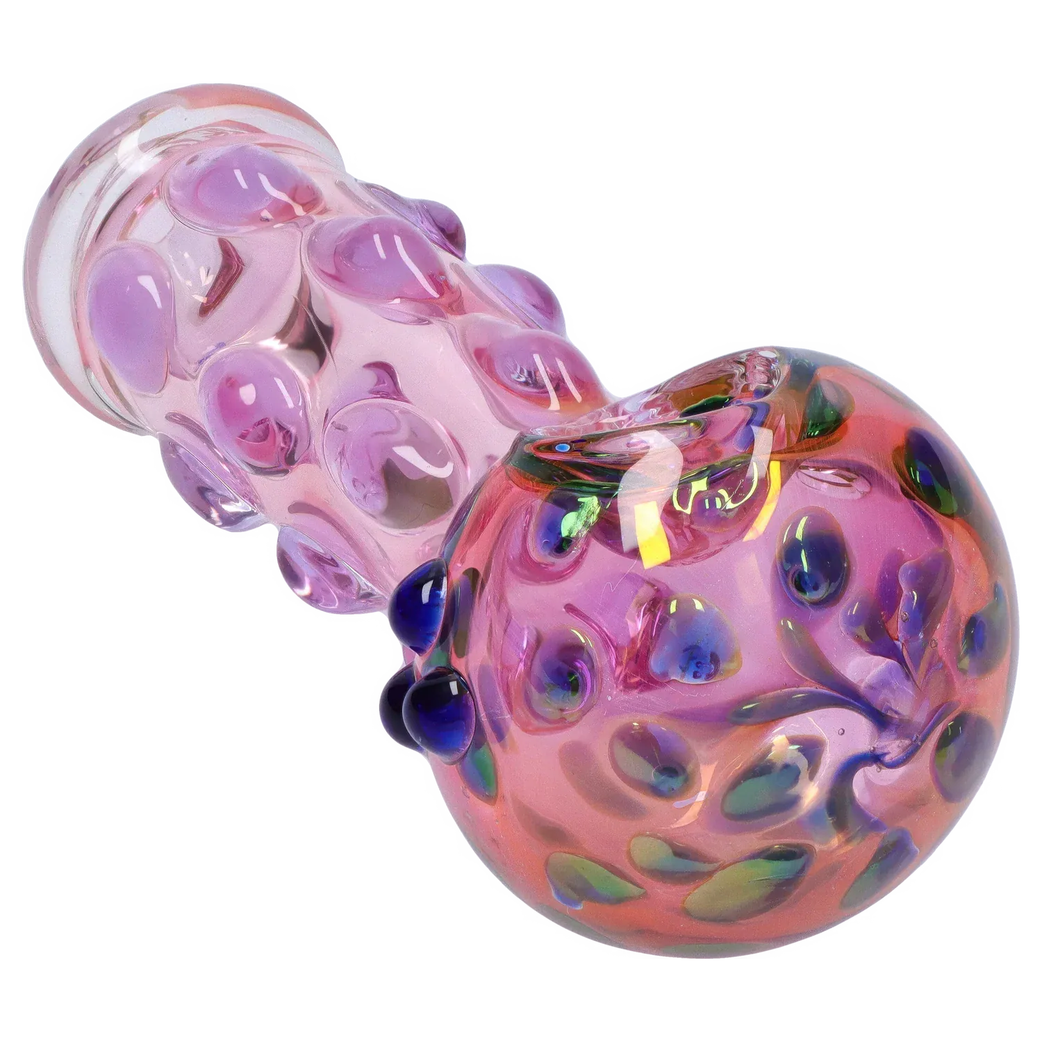 Angled close-up of the DHC Multi-Marble Spoon Pipe - 4.5 in., showing iridescent pink glass with raised purple and blue marbles and glossy reflections.