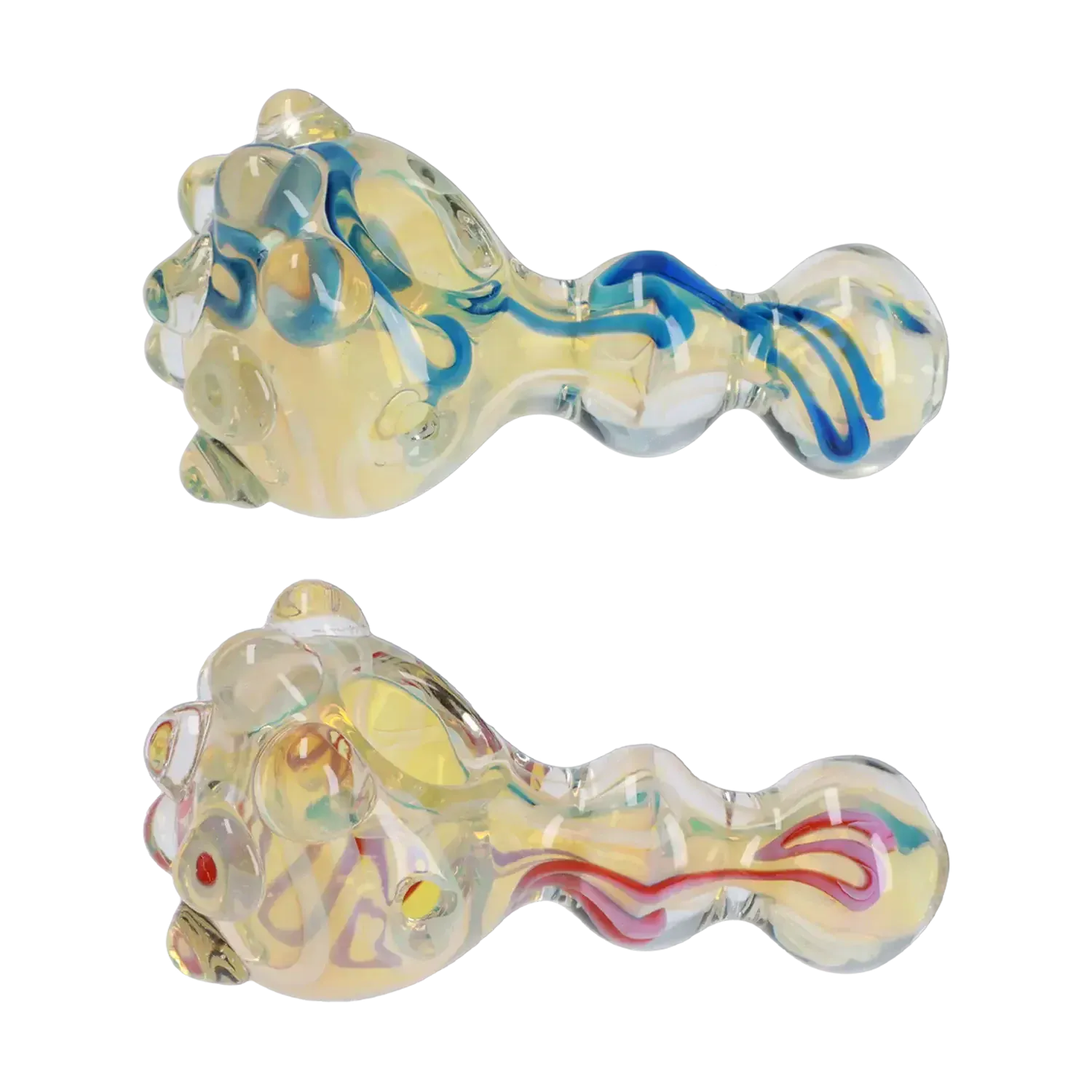 Side view of the DHC Multi-Marble Spoon Pipe - 4.5 in. showing a translucent glass spoon with raised marbles and blue ribbon-like swirls.