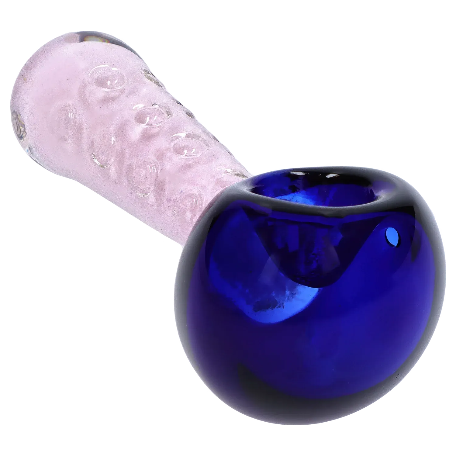 Angled close-up of the DHC Fancy Stem Spoon Pipe - 4.5 in. showing a deep cobalt-blue bowl and a textured pale pink stem with raised glass bubbles.