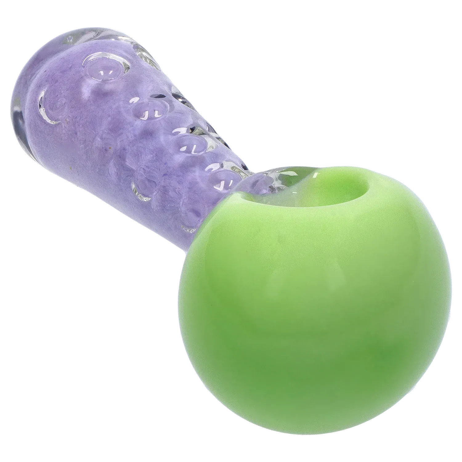 Angled close-up of the DHC Fancy Stem Spoon Pipe - 4.5 in. showing a bright green bowl and textured translucent lavender stem.