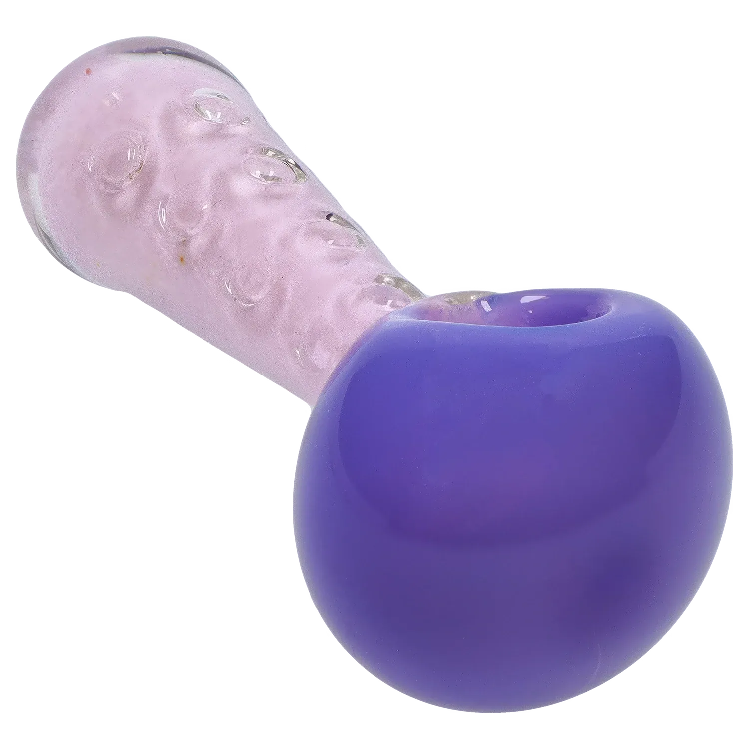 Close angled view of the DHC Fancy Stem Spoon Pipe - 4.5 in. showing a glossy deep purple bowl and a textured translucent pink stem with raised bubbles.