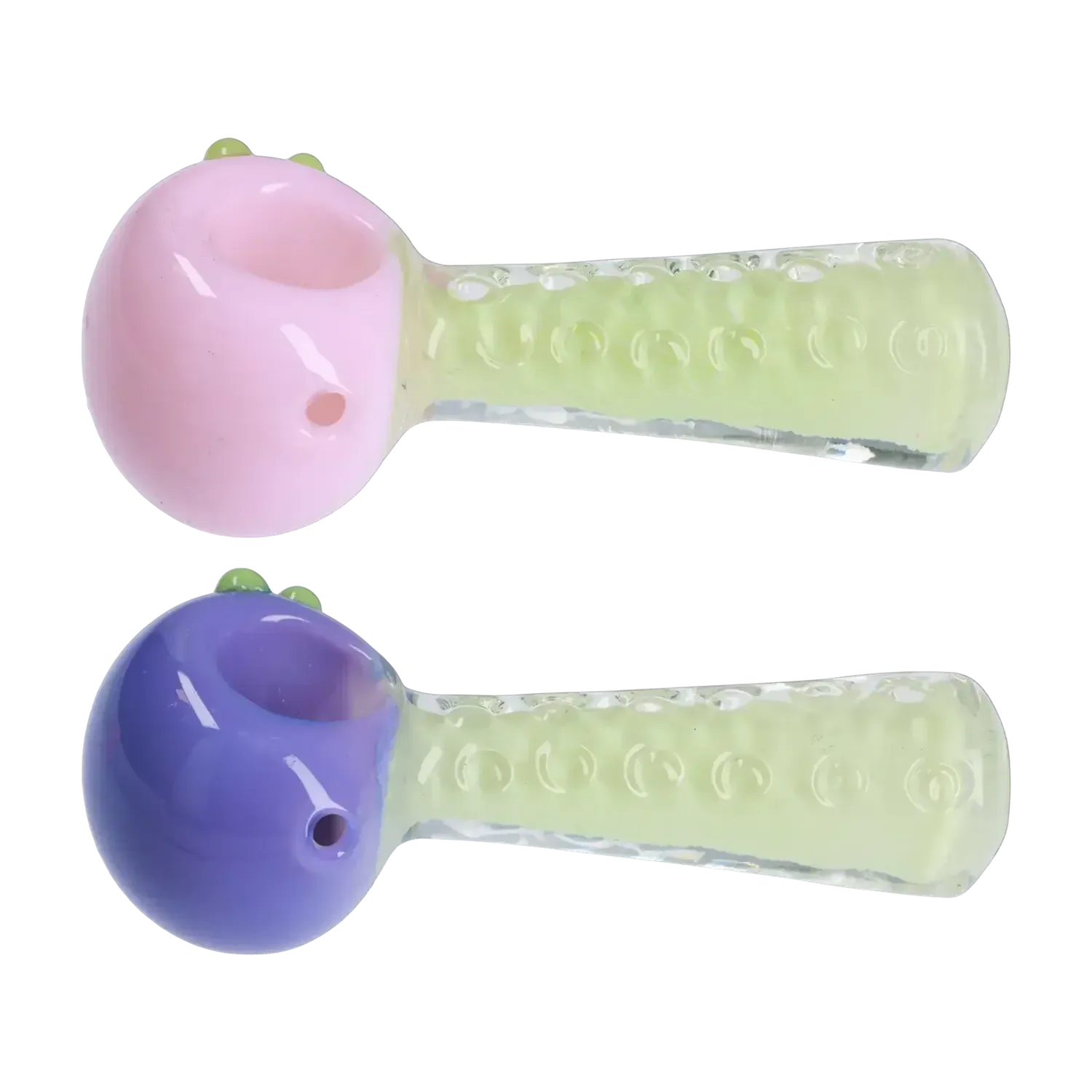 Top-down view of two DHC Fancy Stem Spoon Pipe - 4.5 in. glass handpipes, one with a pink bowl and one with a purple bowl, both showing pale green textured stems.