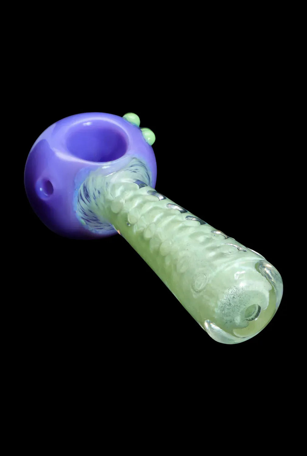 Angled close-up of the DHC Fancy Stem Spoon Pipe - 4.5 in., showing a purple bowl with green dotted stem against black.