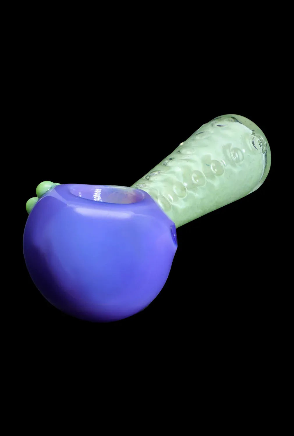 Angled close-up of the DHC Fancy Stem Spoon Pipe - 4.5 in. showing a purple bowl and textured pale green stem against black.