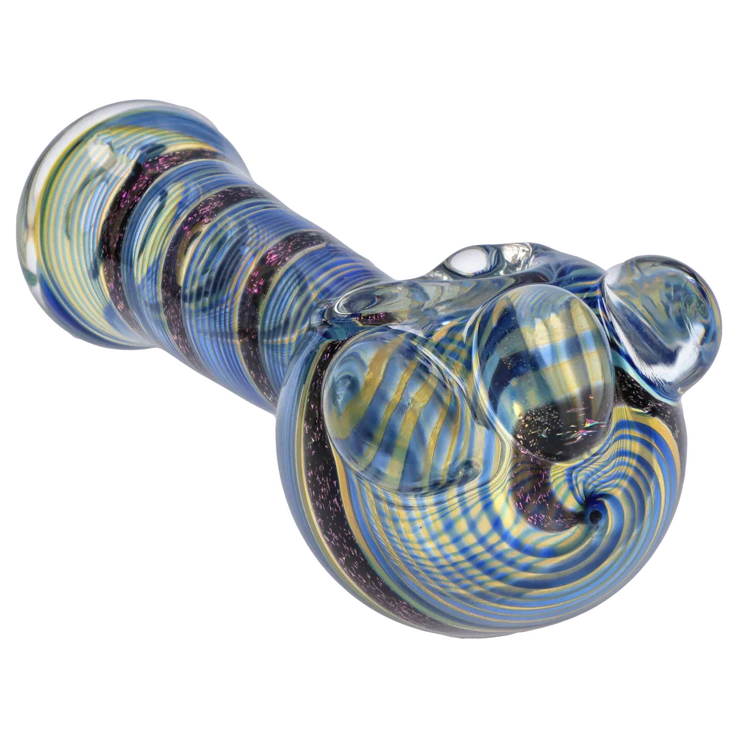 Angled close-up of the DHC Dicro Spoon Pipe - 4.5 in. showing swirling blue and gold striped glass with raised bubbles and iridescent flecks.