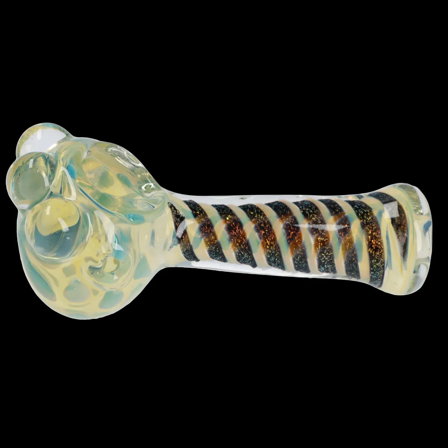 Side profile of the DHC Dicro Spoon Pipe - 4.5 in. showing a clear glass body with iridescent yellow-green bulbous bowl and a black-and-gold spiral stem.