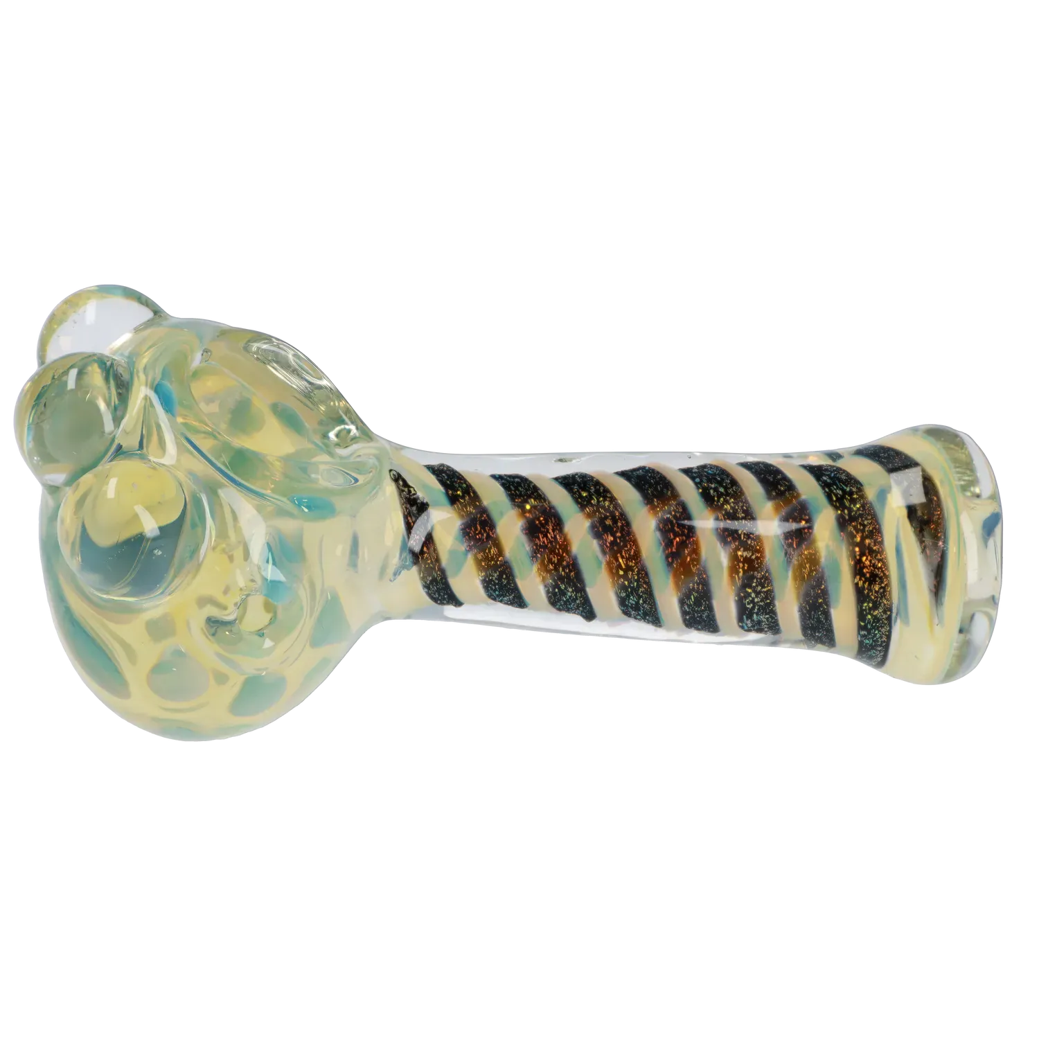 Side view of the DHC Dicro Spoon Pipe - 4.5 in. showing a translucent glass bowl with raised marbles and a spiraled black-and-gold striped stem.