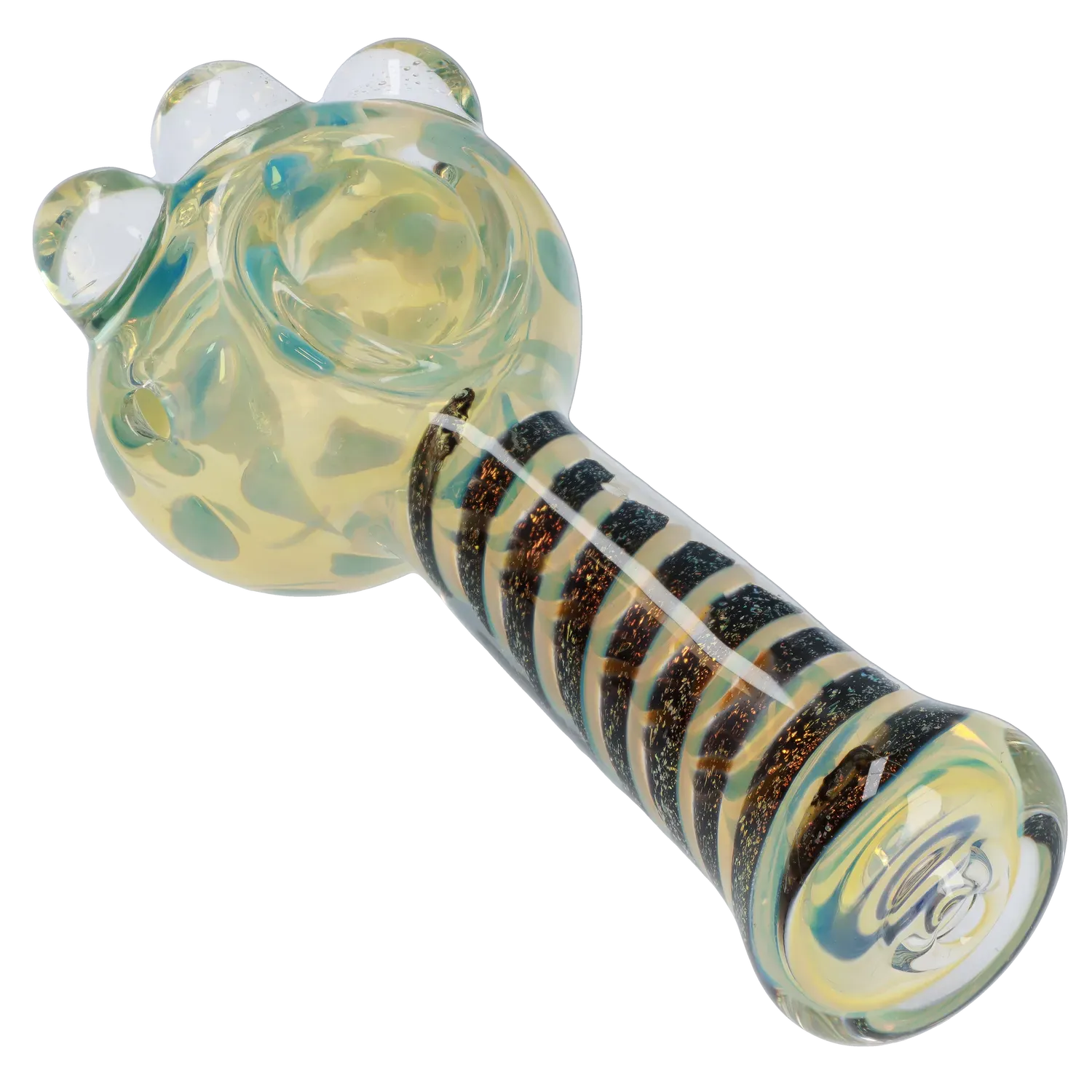 Angled close-up of the DHC Dicro Spoon Pipe - 4.5 in. showing its bulbous light-blue spotted bowl and spiral-striped glass stem.