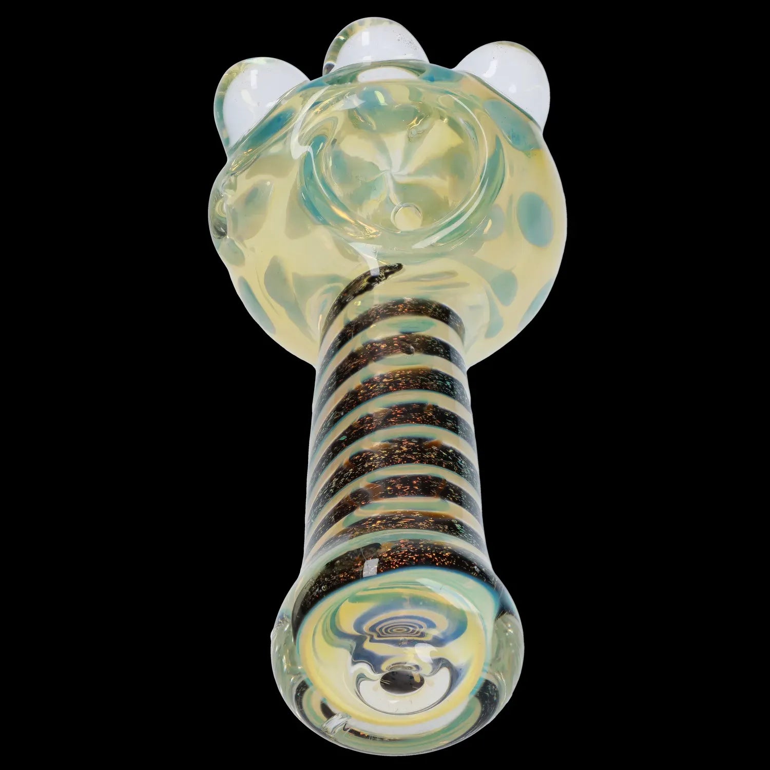 Close-up upward view of the DHC Dicro Spoon Pipe - 4.5 in. showing a twisted striped stem and a rounded, iridescent bowl with raised glass nubs against a black background