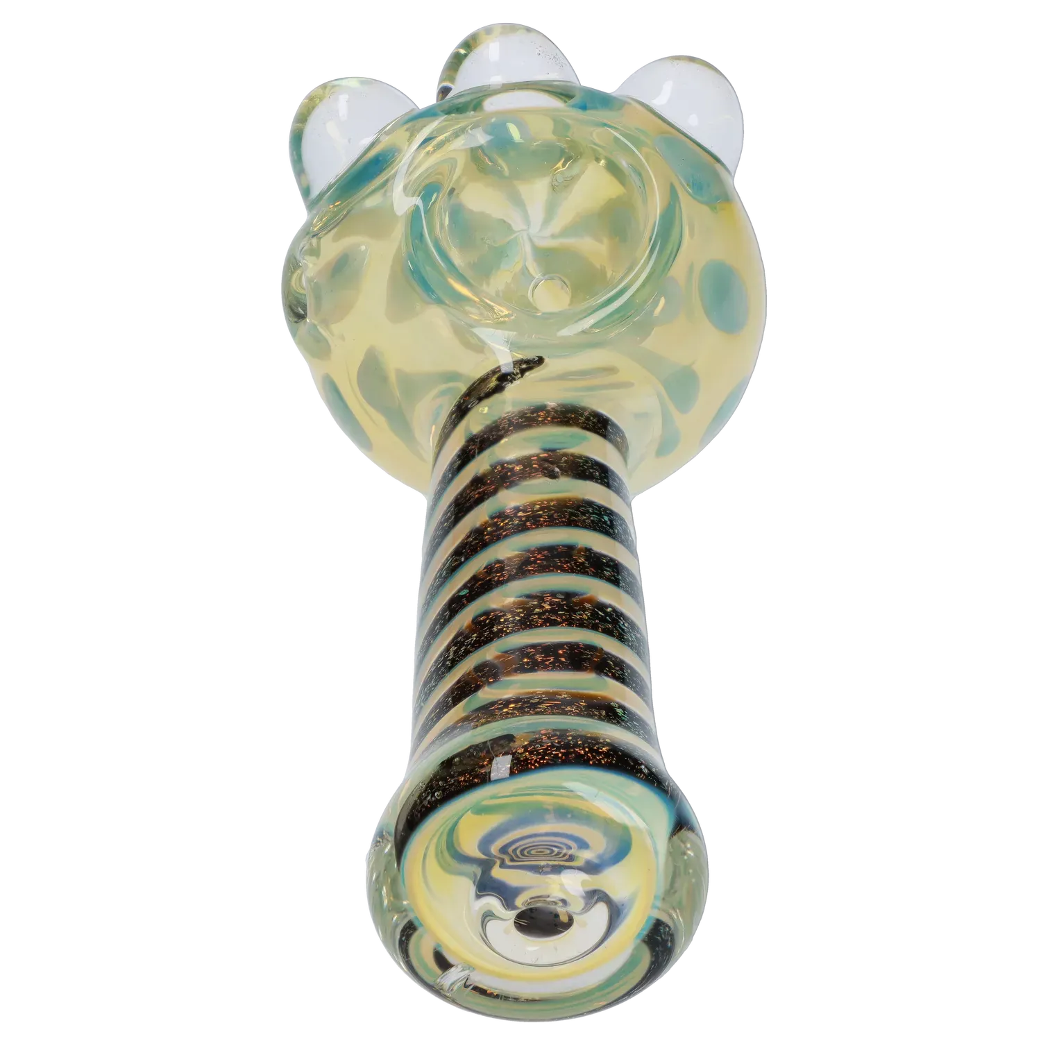 Close-up low-angle view of the DHC Dicro Spoon Pipe - 4.5 in. showing a blue-green spotted bowl and a spiraled black-and-cream striped handle.