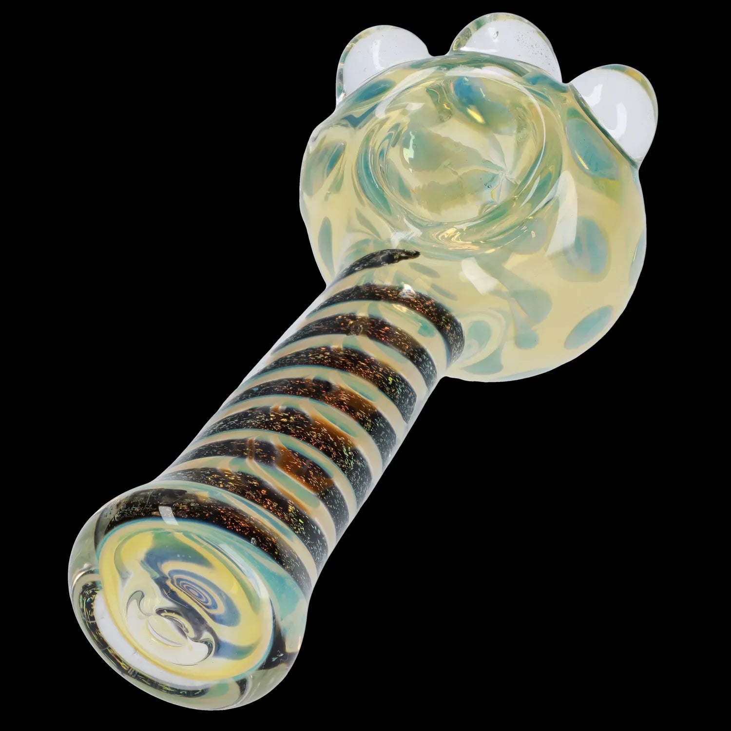 Angled close-up of the DHC Dicro Spoon Pipe - 4.5 in. showing its swirled handle, iridescent bowl with three rounded nubs, and black background
