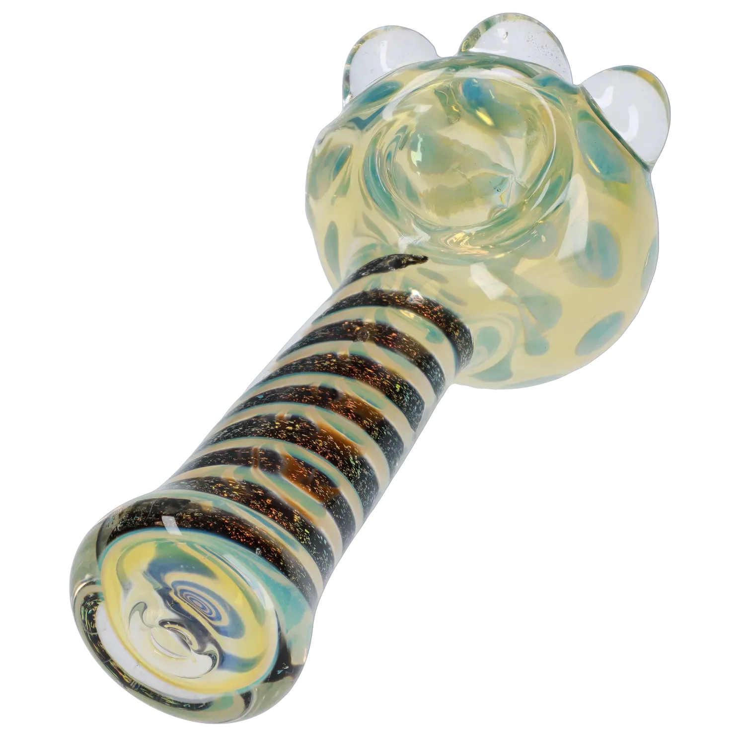 Angled close-up of the DHC Dicro Spoon Pipe - 4.5 in. showing a swirled, iridescent bowl and a striped, glitter-flecked stem.