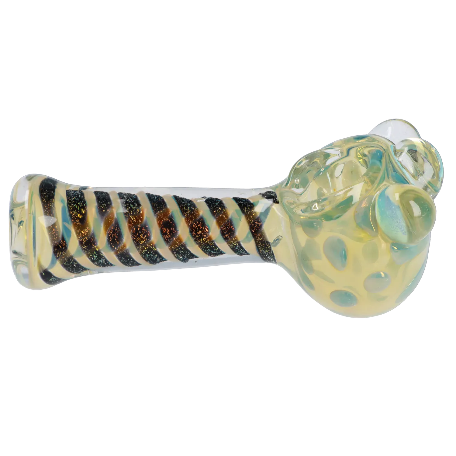 Side view of the DHC Dicro Spoon Pipe - 4.5 in. showing a clear glass body with black spiral accents and a mottled, iridescent bowl.