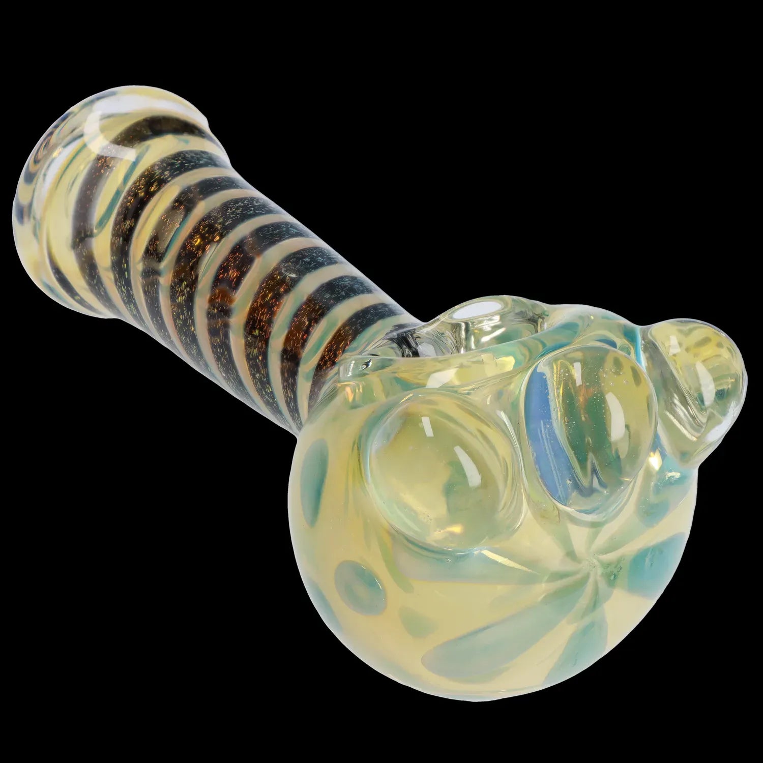 Angled close-up of the DHC Dicro Spoon Pipe - 4.5 in., showing its bulbous opalescent bowl and striped glass stem against a black background.