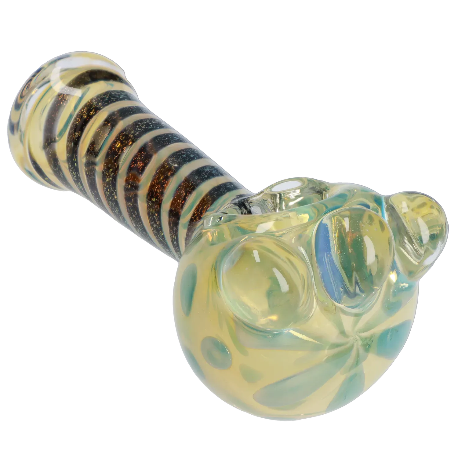 Angled close-up of the DHC Dicro Spoon Pipe - 4.5 in. showing a striped black-and-gold neck and iridescent bubbled bowl.