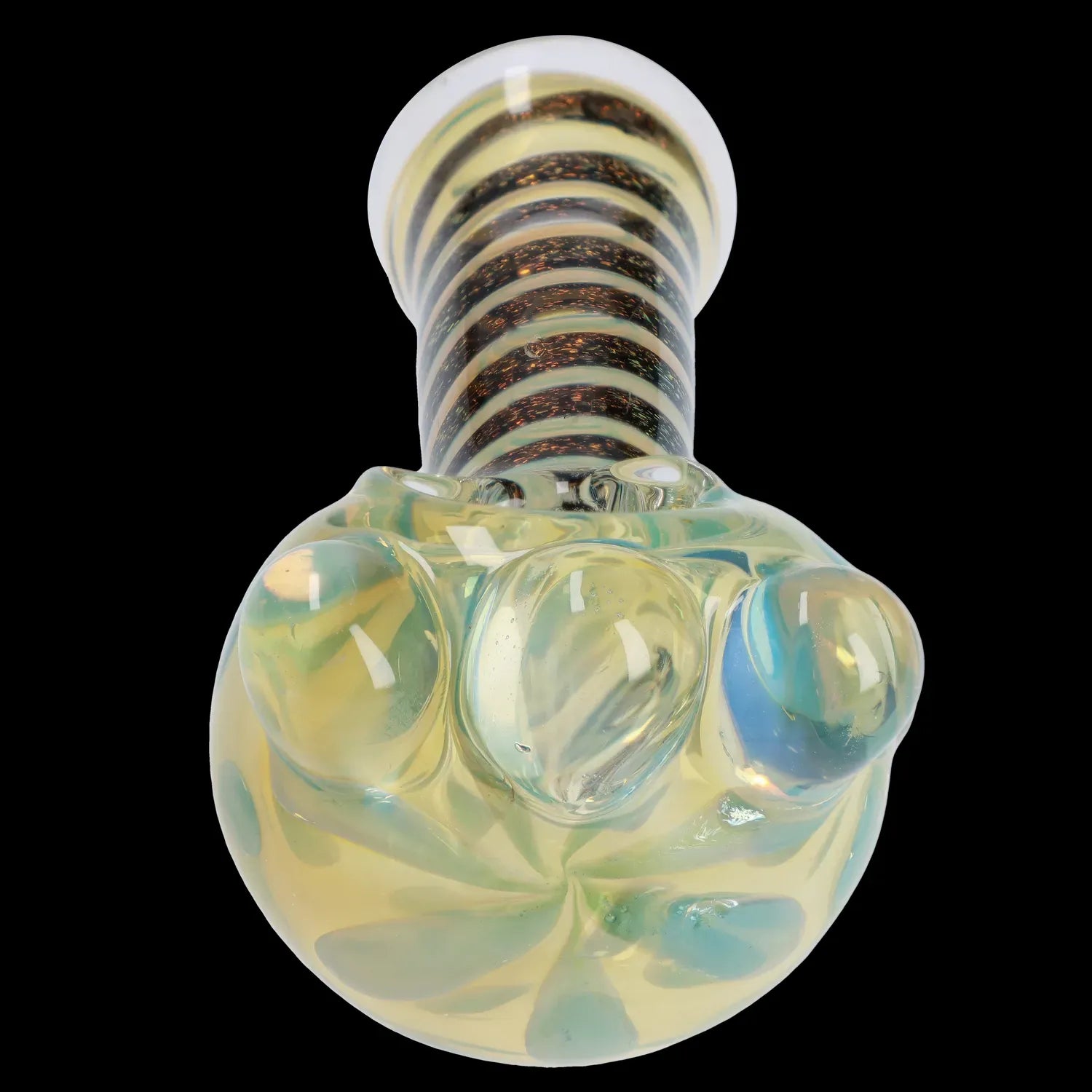 Close-up from above of the DHC Dicro Spoon Pipe - 4.5 in., showing its iridescent bubbled bowl and striped glass neck against a black background