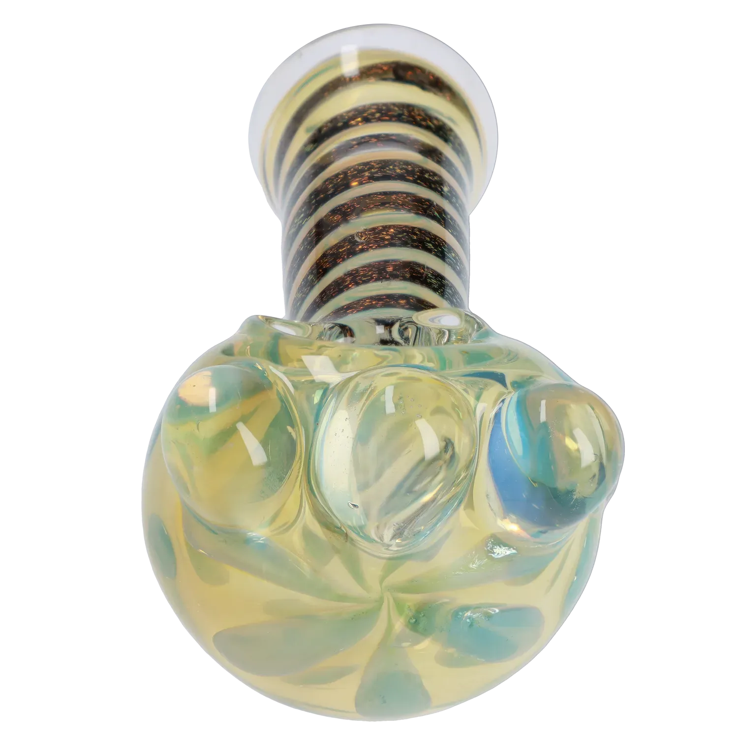 Top-down close-up of the DHC Dicro Spoon Pipe - 4.5 in., showing its bulbous iridescent bowl with raised glass marbles and a striped neck seen from above.