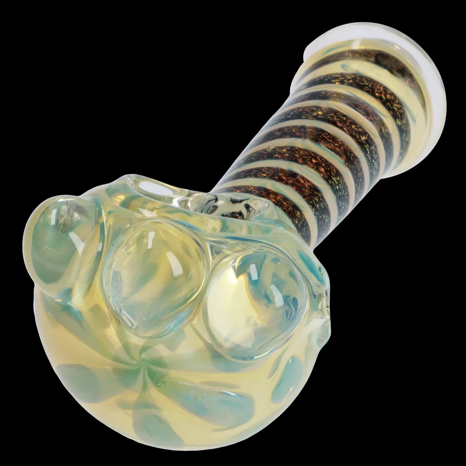 Angled close-up of the iridescent glass bowl and swirled neck of the DHC Dicro Spoon Pipe - 4.5 in. on a black background