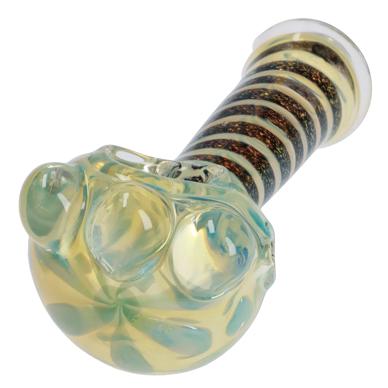 Angled close-up of the DHC Dicro Spoon Pipe - 4.5 in., showing a bubbled, translucent yellow-green bowl and a spiraled black-and-gold striped stem.