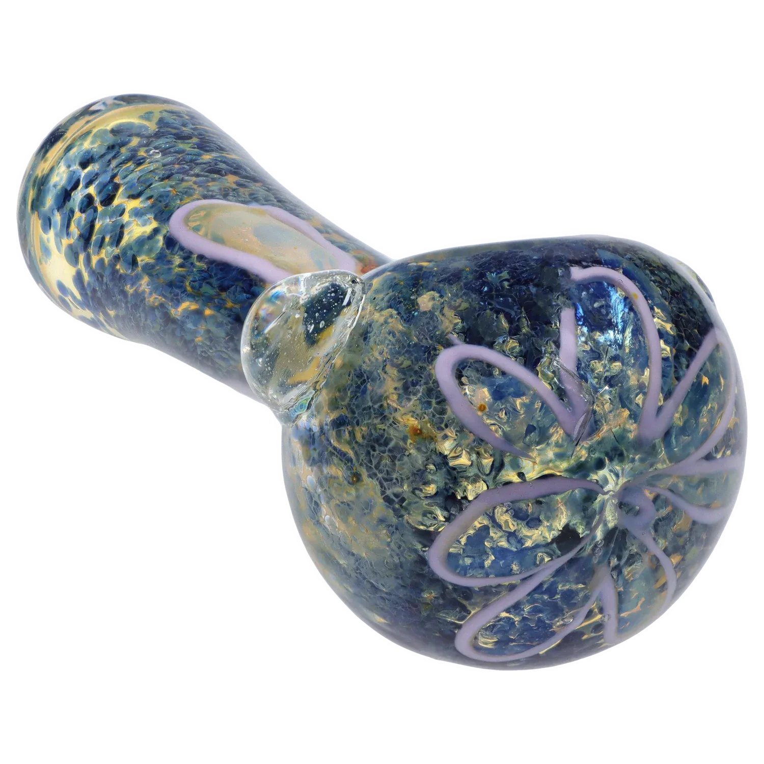 Angled close-up of the DHC Frit Eye Spoon Pipe - 4.5 in. showing its blue-speckled glass body with gold flecks and pale pink swirl accents.
