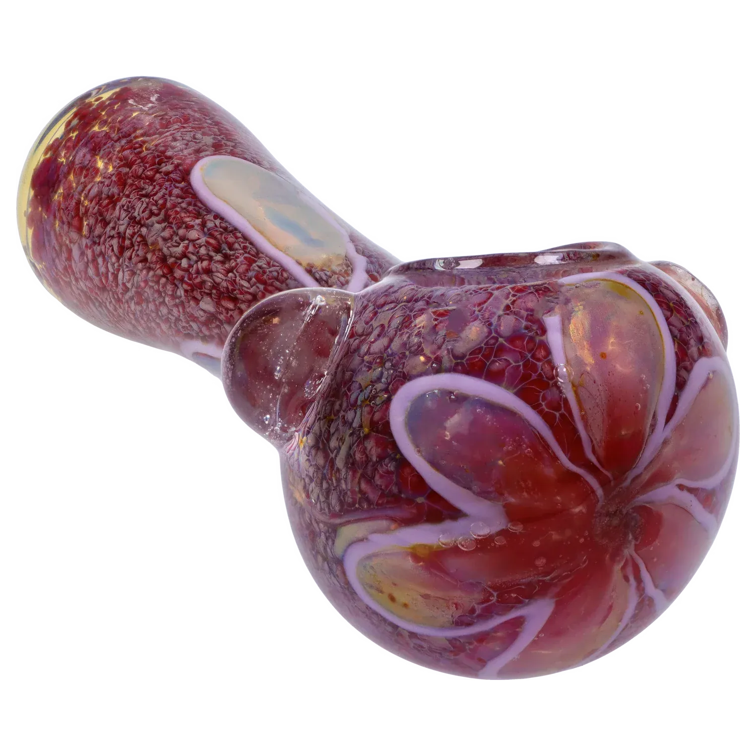 Angled close-up of the reddish, textured DHC Frit Eye Spoon Pipe - 4.5 in. showing iridescent petal-like swirls and glass marbling.