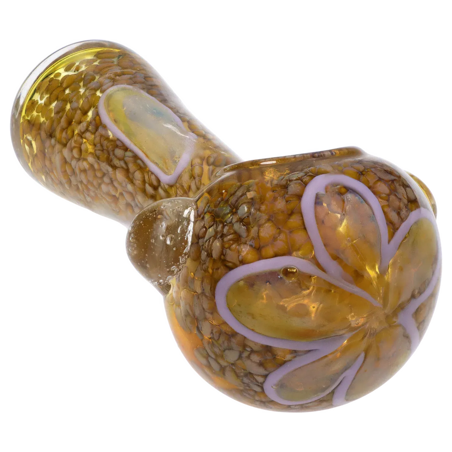 Angled close-up of the amber-blue DHC Frit Eye Spoon Pipe - 4.5 in., showing textured frit glass and purple-lined petal details on a white background