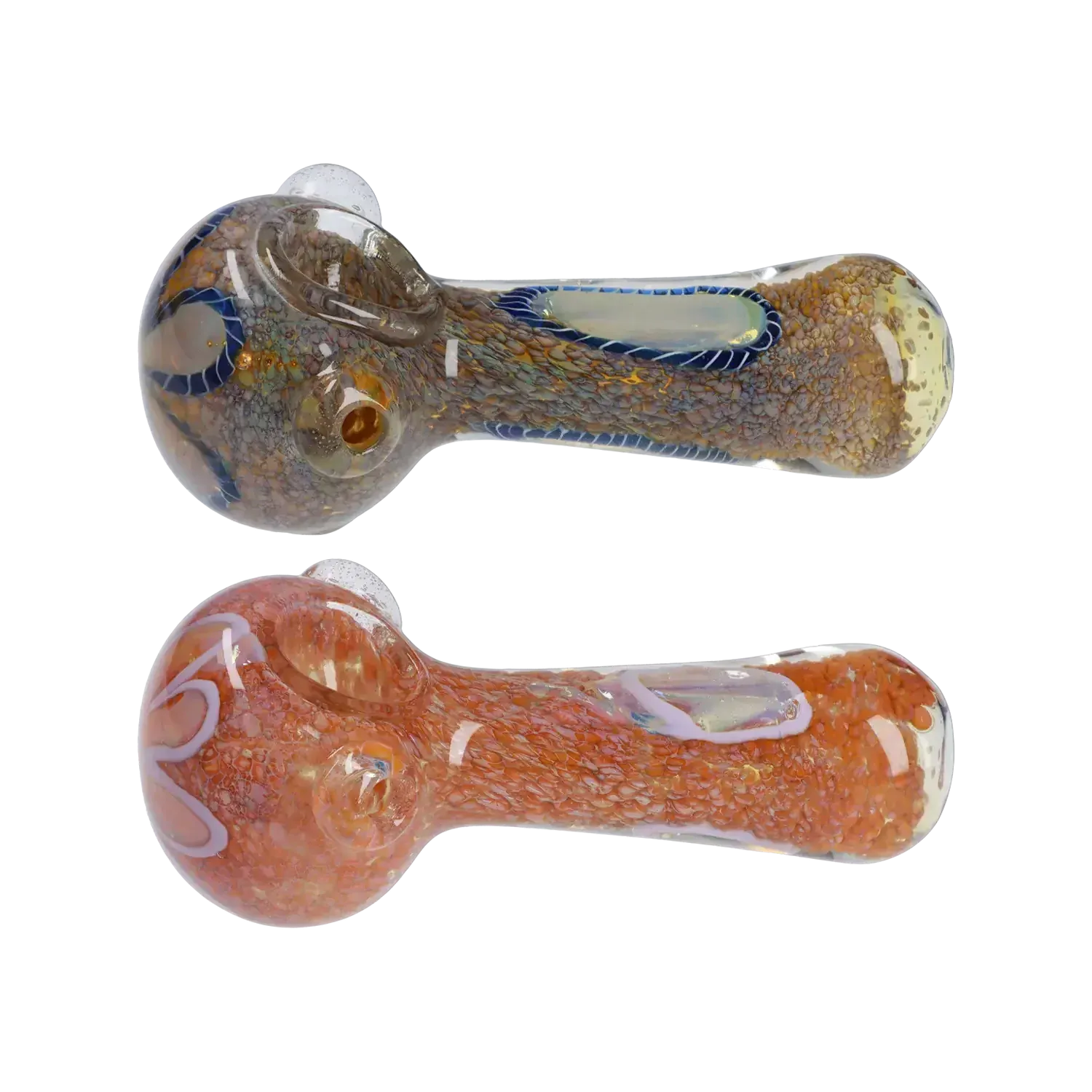 Top-down view of two hand-blown glass DHC Frit Eye Spoon Pipe - 4.5 in. pieces, showing textured frit patterns and curving blue and white accents on a neutral background.