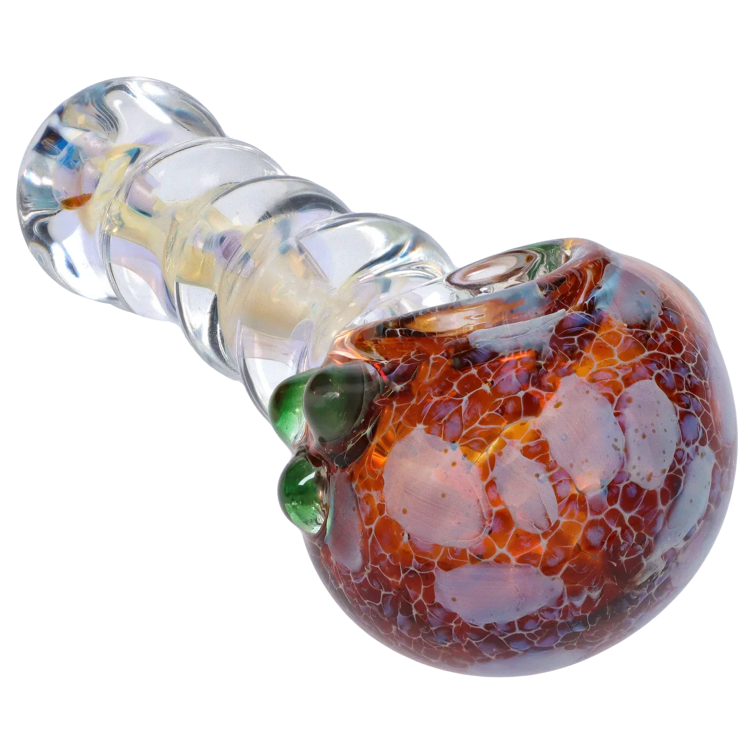 Close-up angled view of the DHC Frit Head with Marbles Spoon Pipe - 5 in., showing a clear twisted handle and a red-orange fritted bowl with green marbles.