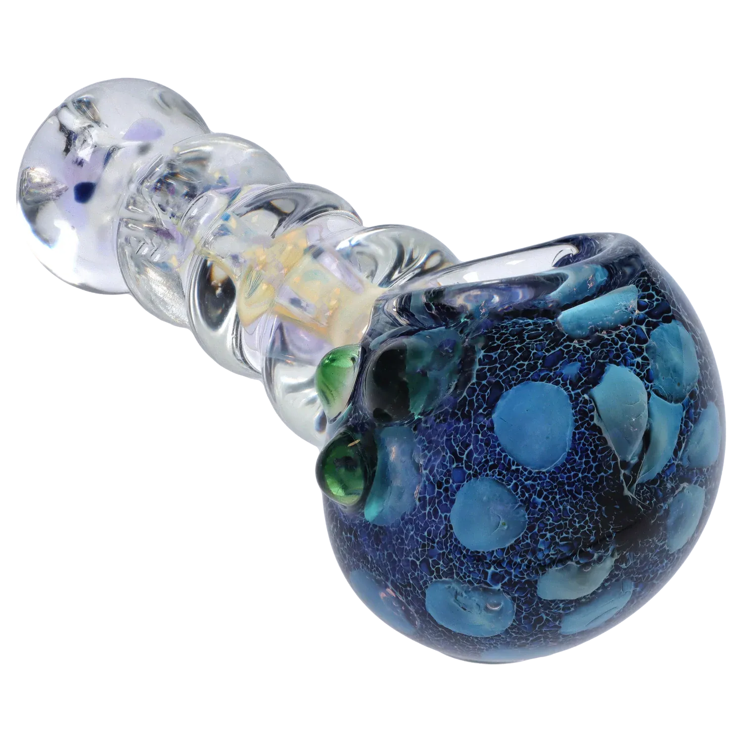 Angled close-up of the DHC Frit Head with Marbles Spoon Pipe - 5 in., showing a blue-speckled bowl with raised green marbles and a clear, twisted glass stem.