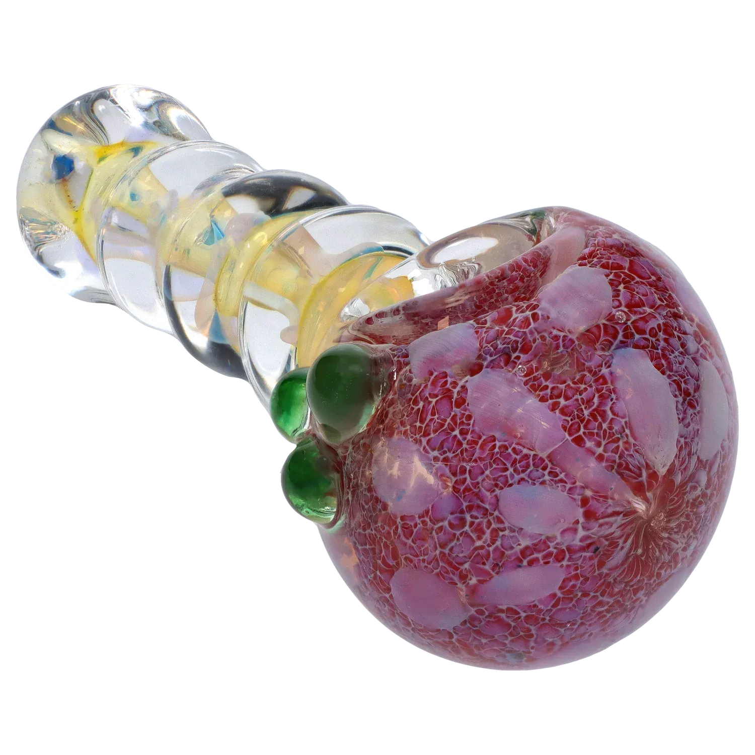Angled close-up of the DHC Frit Head with Marbles Spoon Pipe - 5 in., showing its clear twisted handle and a red frit-pattern bowl with green marbles.