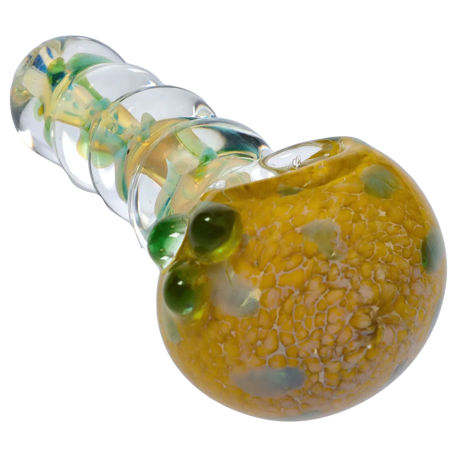 Angled close-up of the DHC Frit Head with Marbles Spoon Pipe - 5 in., showing a yellow fritted bowl with green marbles and a clear twisted stem.