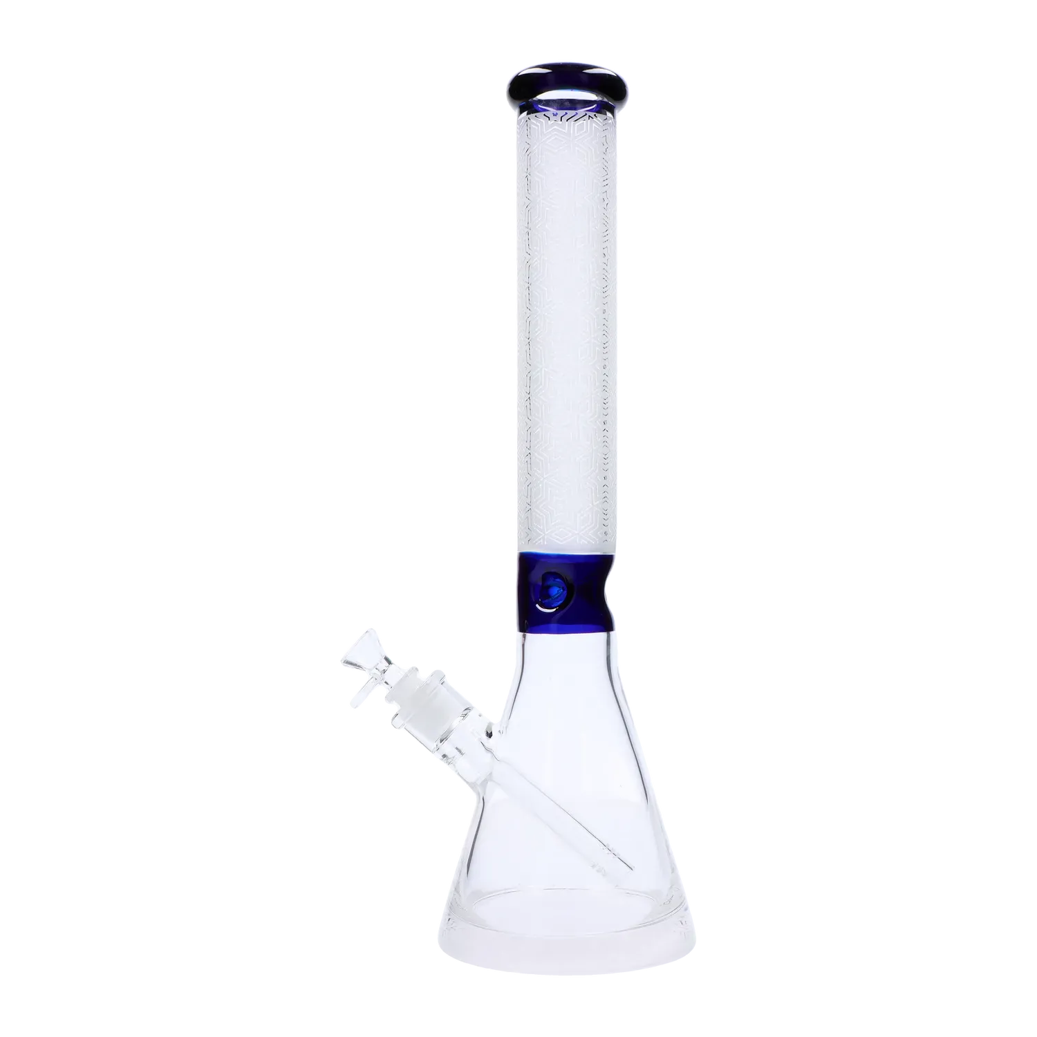 Vertical front view of the Frosted Engraved Bong - 17 in. showing its tall frosted neck with engraved geometric pattern and blue-rimmed mouthpiece.