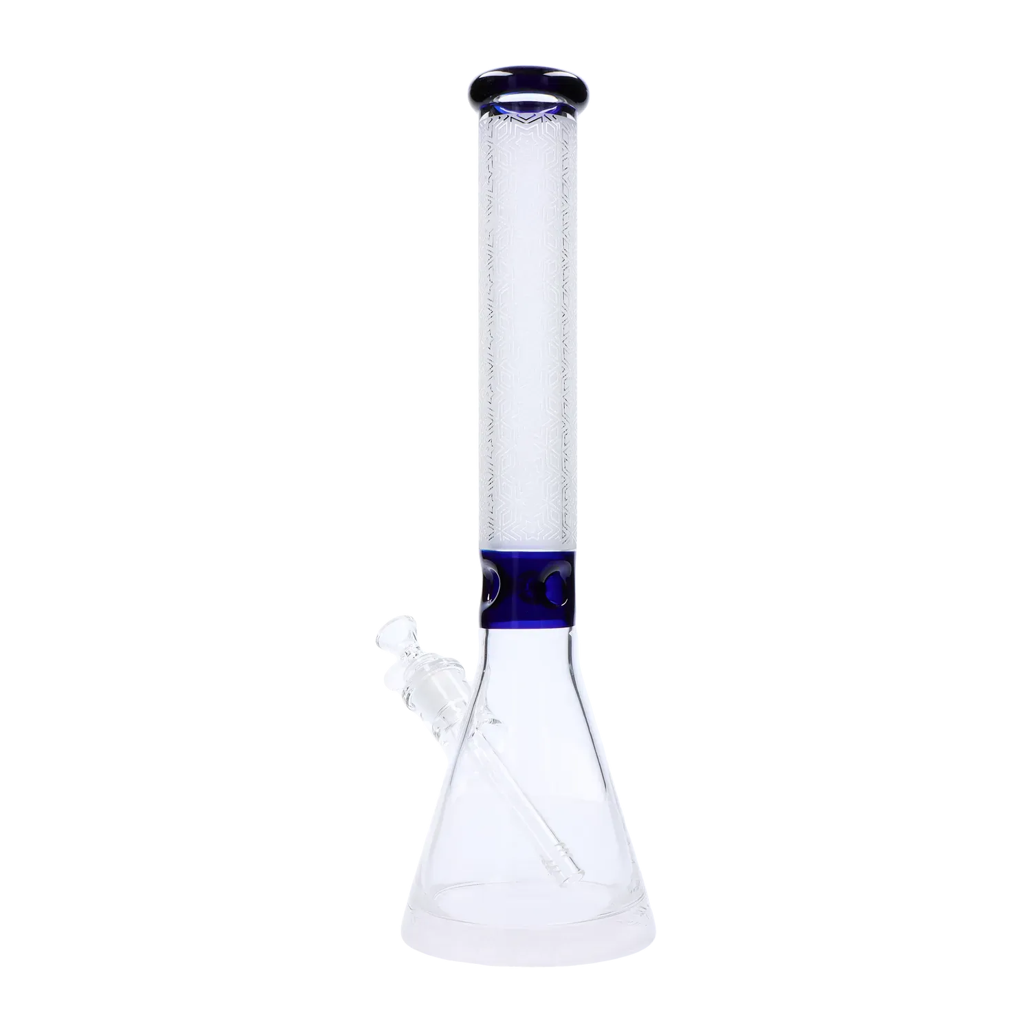 Vertical front view of the Frosted Engraved Bong - 17 in. showing its frosted, patterned neck with a blue glass collar above a clear beaker base.