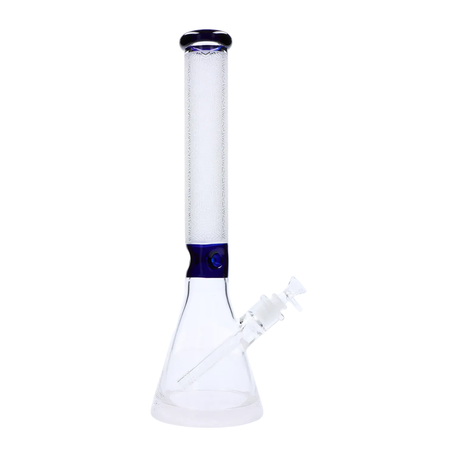 Vertical crop showing the frosted engraved neck and blue-rimmed mouthpiece of the Frosted Engraved Bong - 17 in. against a white background