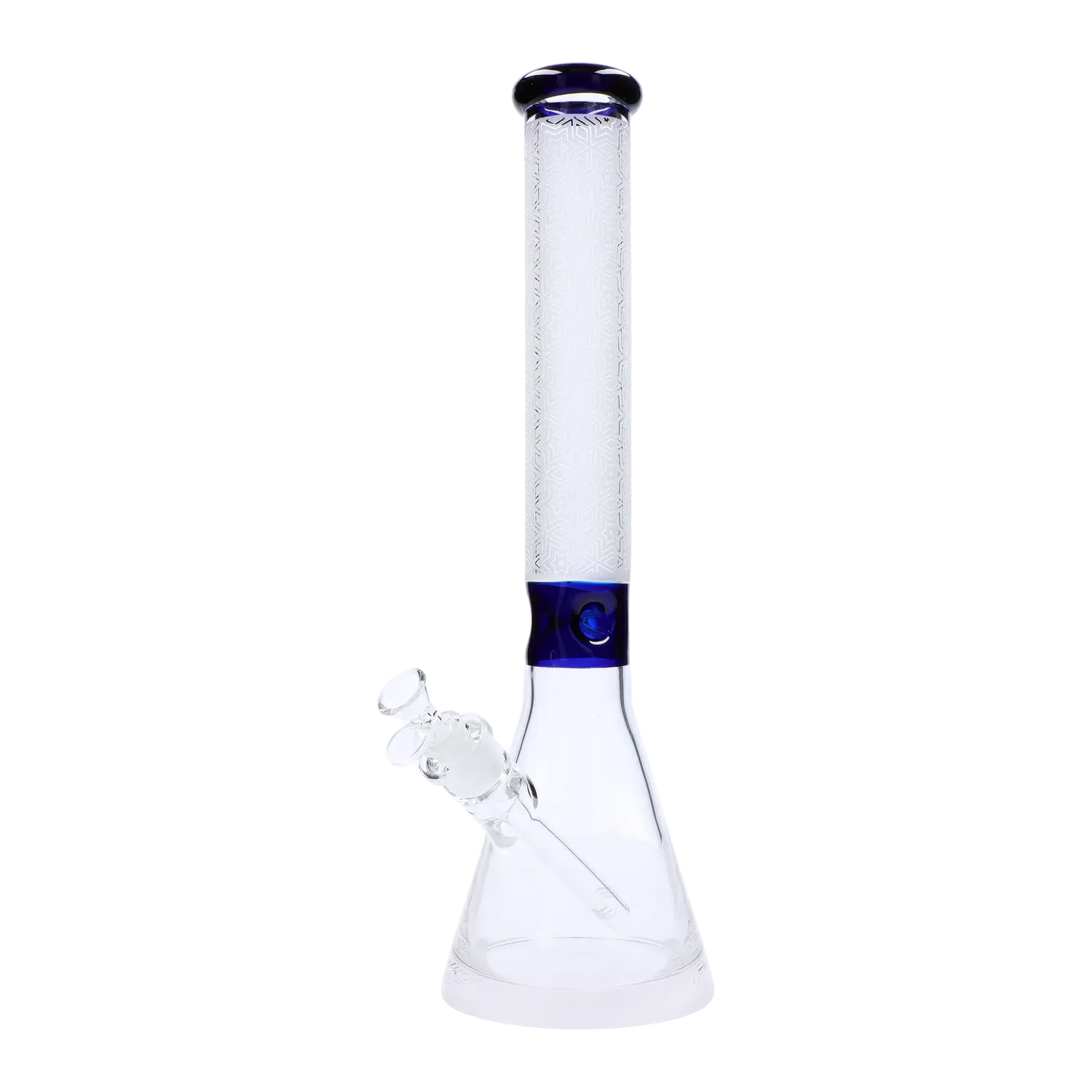 Tall vertical view of the Frosted Engraved Bong - 17 in. showing its frosted patterned neck and cobalt blue mouthpiece against a white background